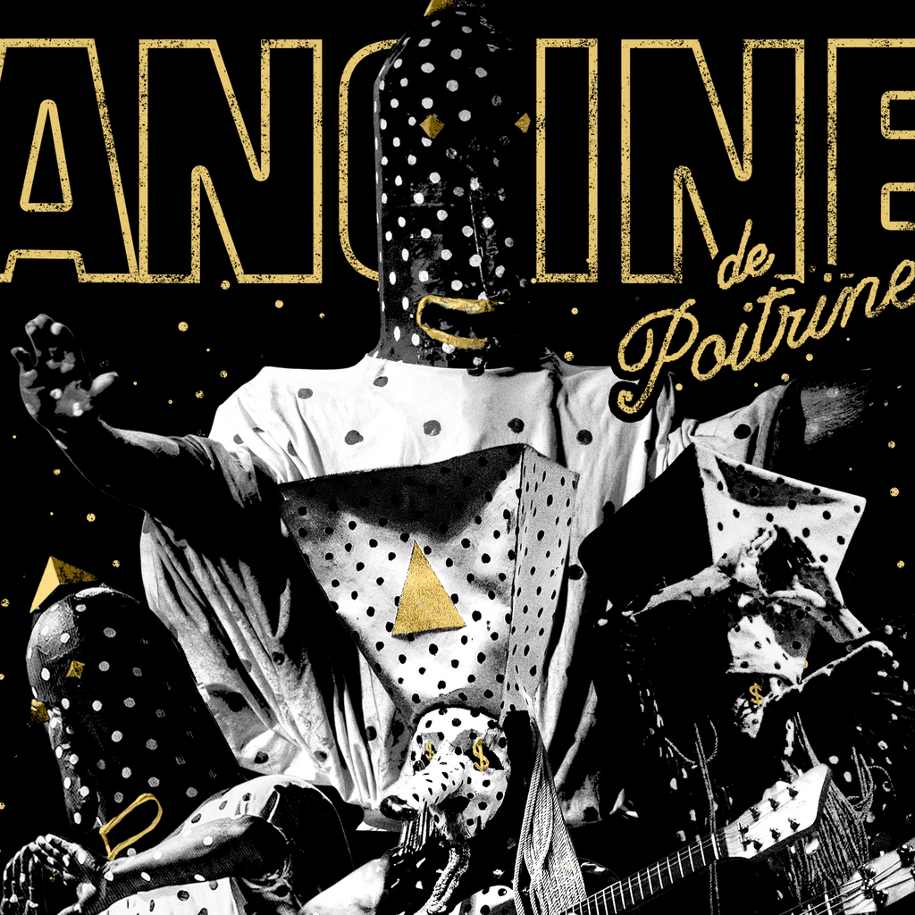 Closeup Diseño Angine de Poitrine Lettering Dorado Máscaras Ritmoculto