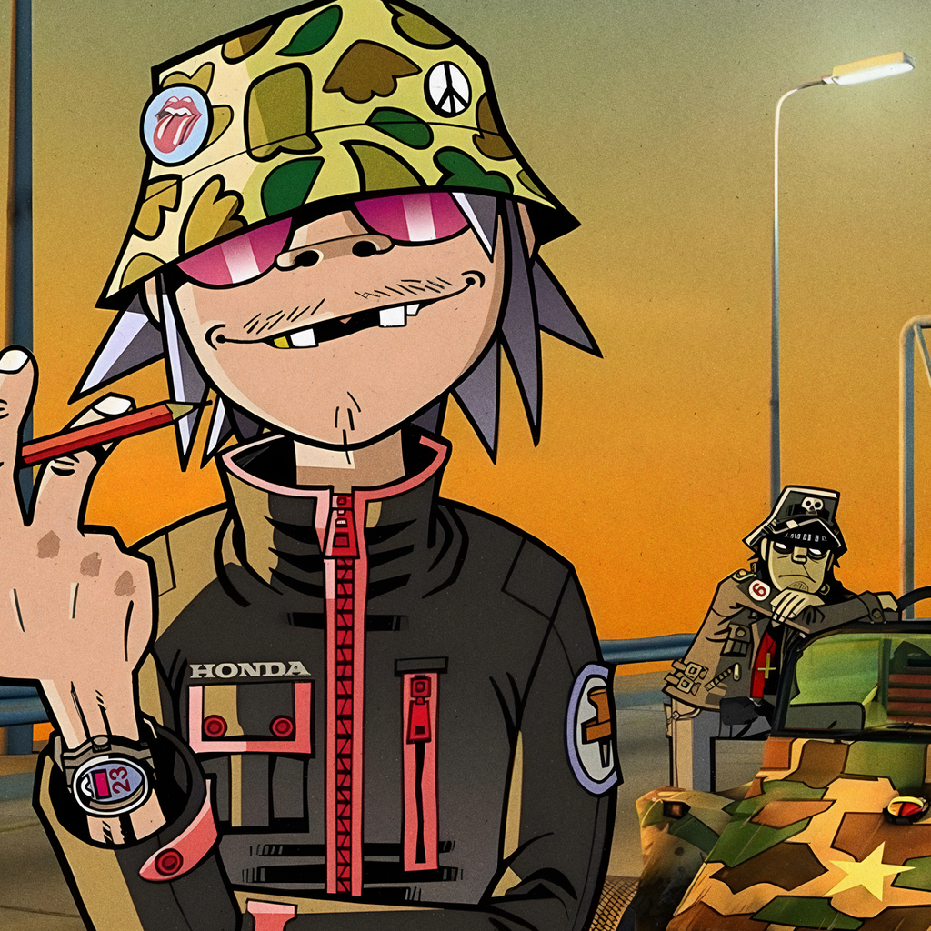 Closeup Póster Gorillaz 19-2000 videoclip Geep autopista MTV años 2000 banda virtual 2D Murdoc Noodle Russel Ritmoculto