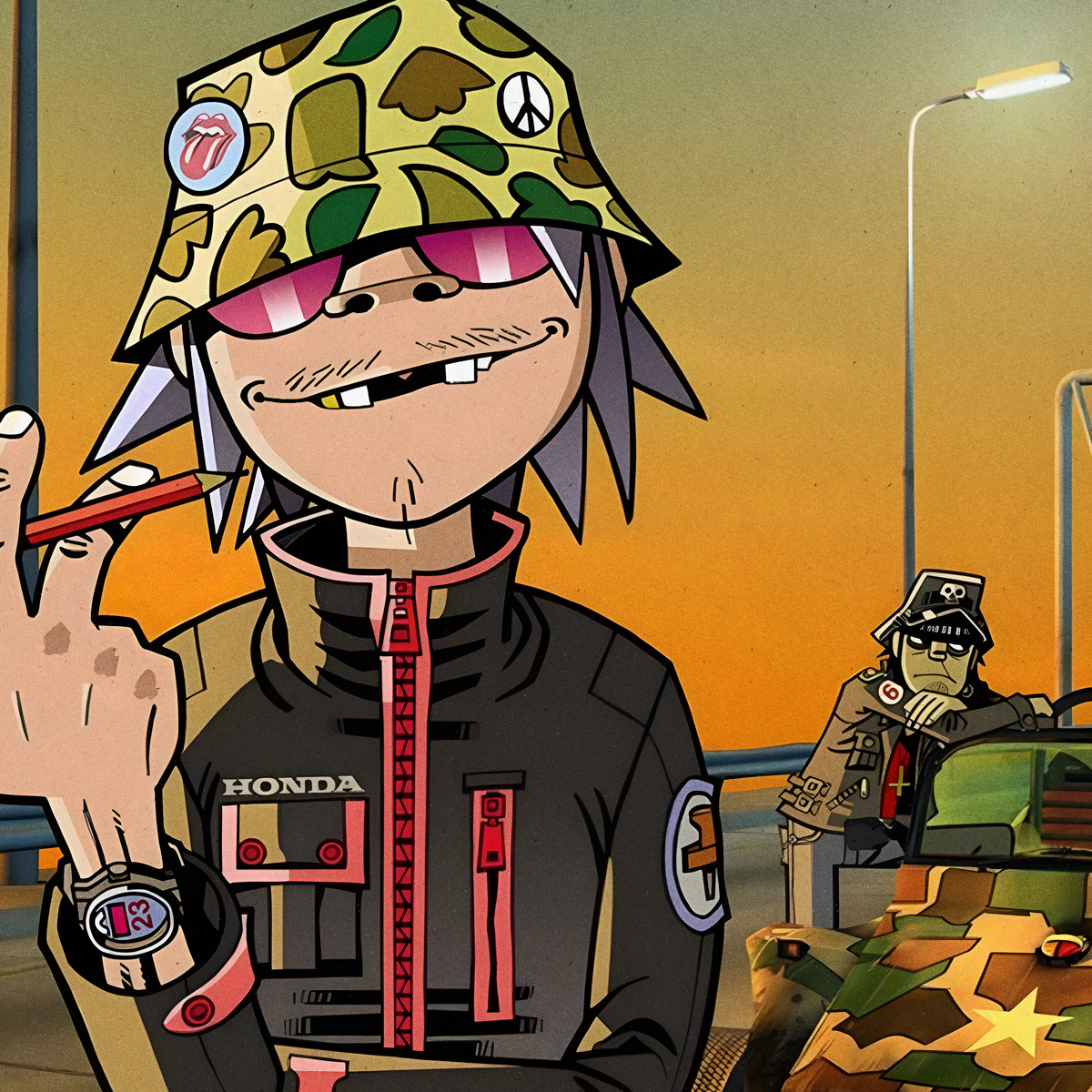 Closeup Póster Gorillaz 19-2000 videoclip Geep autopista MTV años 2000 banda virtual 2D Murdoc Noodle Russel Ritmoculto