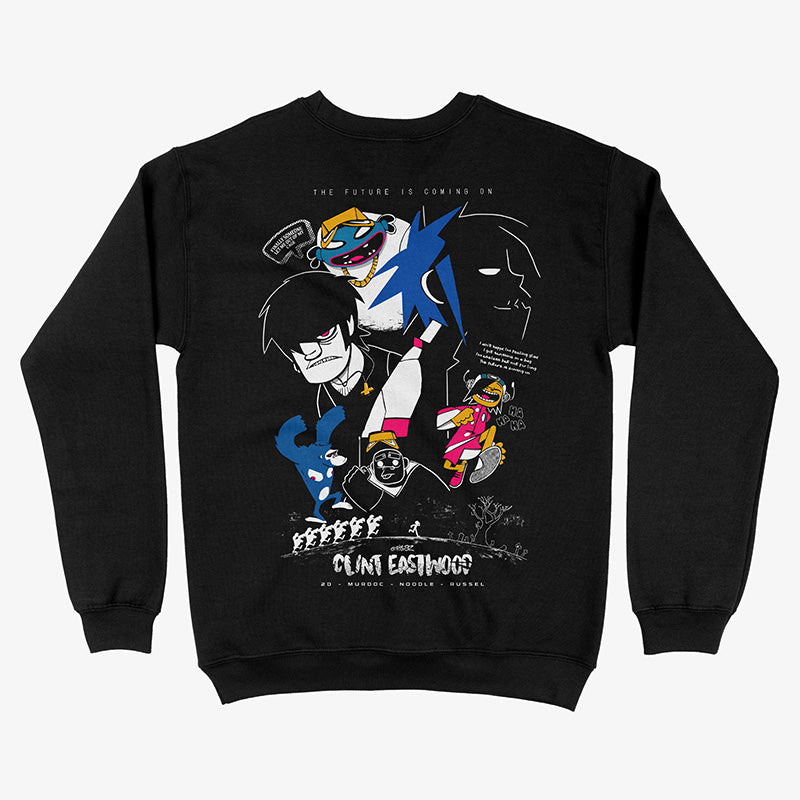 Espalda de polerón negro cuello redondo. Arte completo de Gorillaz (2D, Murdoc, Noodle, Russel) en la espalda con la frase "The Future is Coming On"