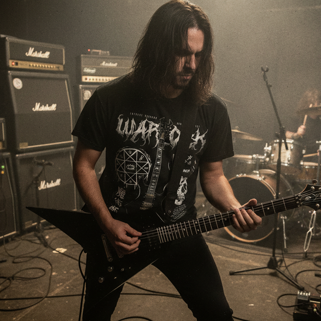 Guitarrista en concierto con polera de Warlock BC Rich metalero Exclusiva Ritmoculto