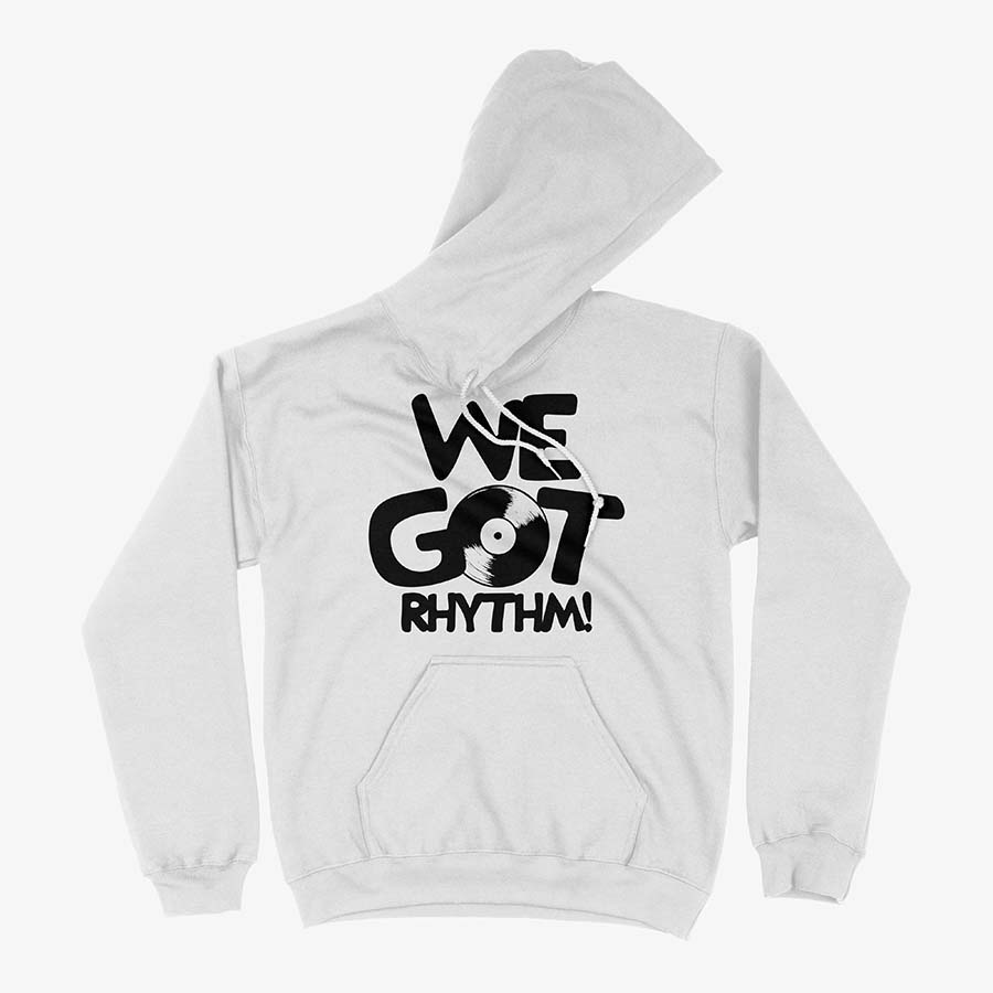 Hoodie Blanco We Got Rhythm creado para DJs y Melomanos amantes de lo vintage y los vinilos Exclusivo de Ritmoculto