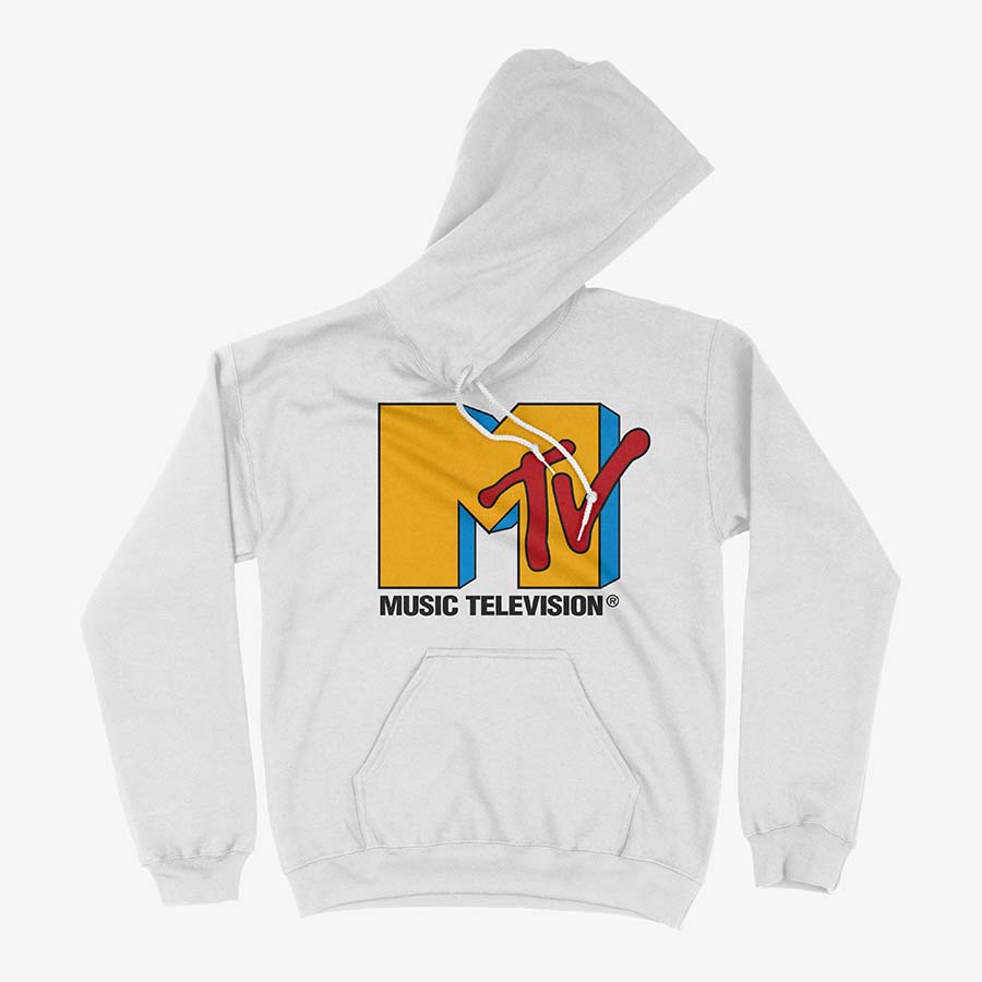Hoodie blanco capucha logo MTV clásico amarillo rojo Music Television 3D años 90 Ritmoculto