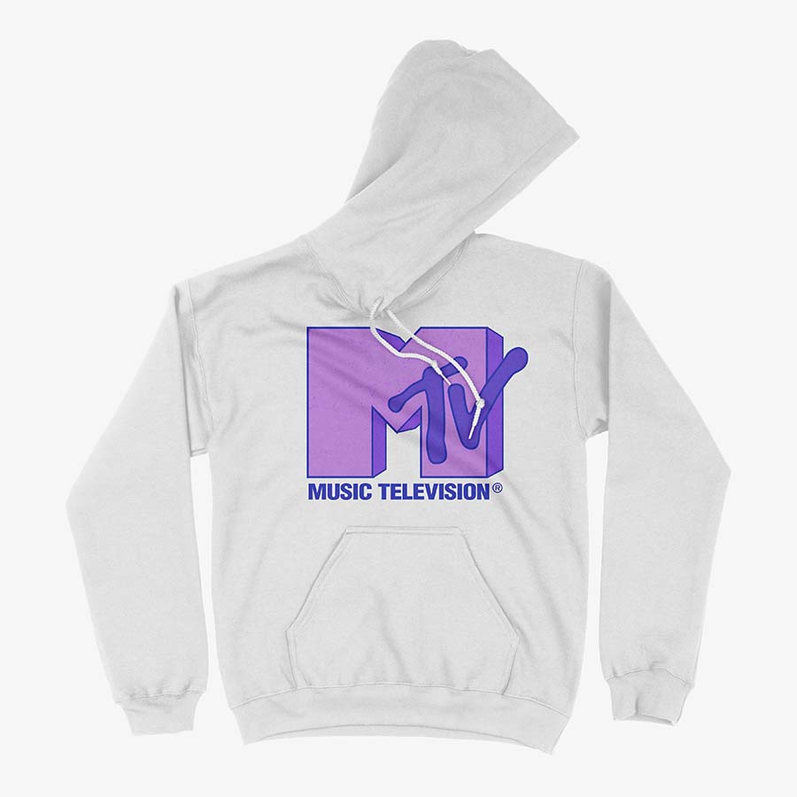 Hoodie blanco capucha logo MTV morado púrpura Music Television 3D vintage Ritmoculto