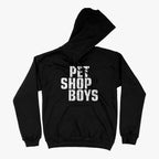 Hoodie negro capucha logo Pet Shop Boys texto blanco efecto grunge destruido vintage synth-pop británico Ritmoculto
