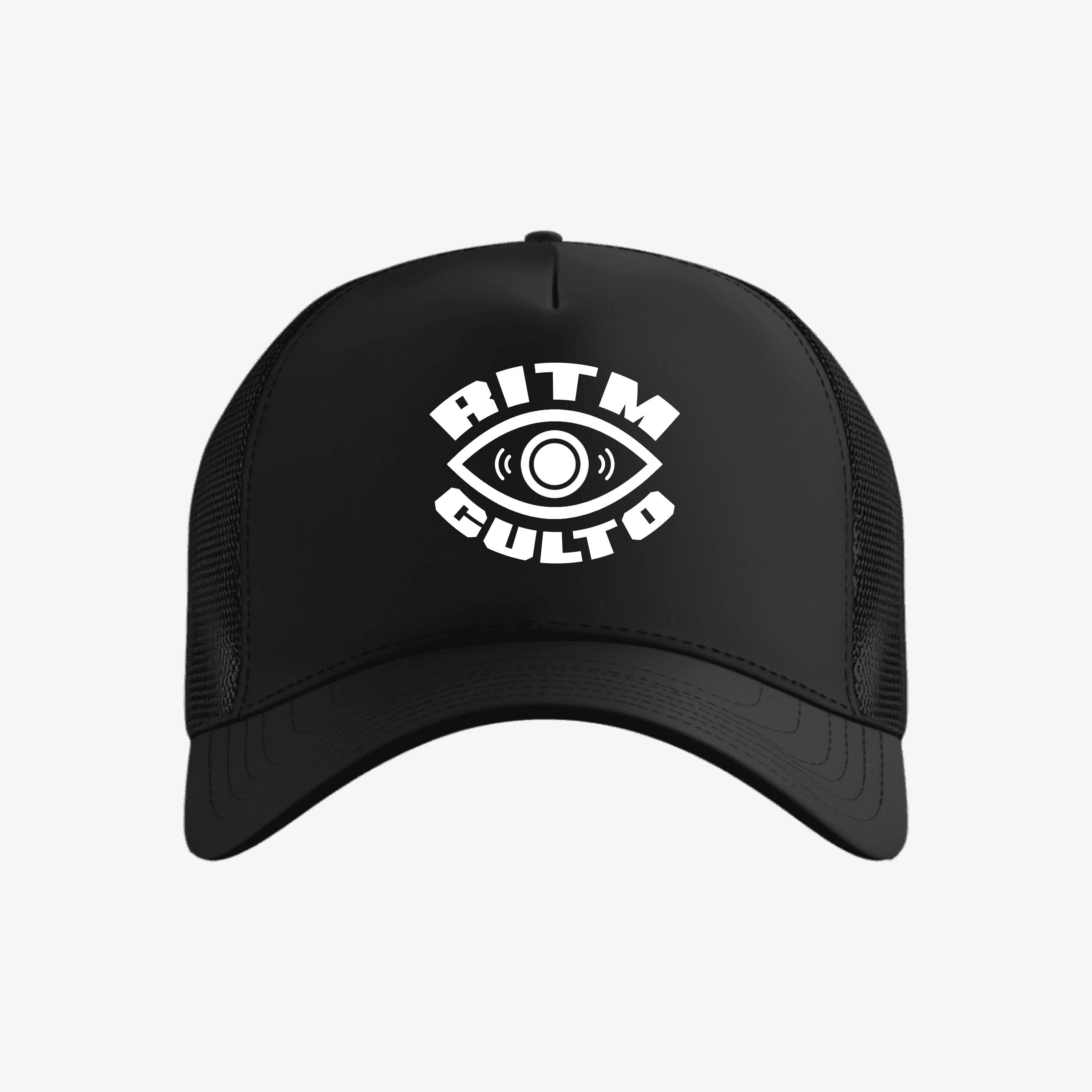 Jockey negro, tipo Trucker con malla trasera, visera curva y logo de Ritmoculto bordado en blanco en el panel frontal
