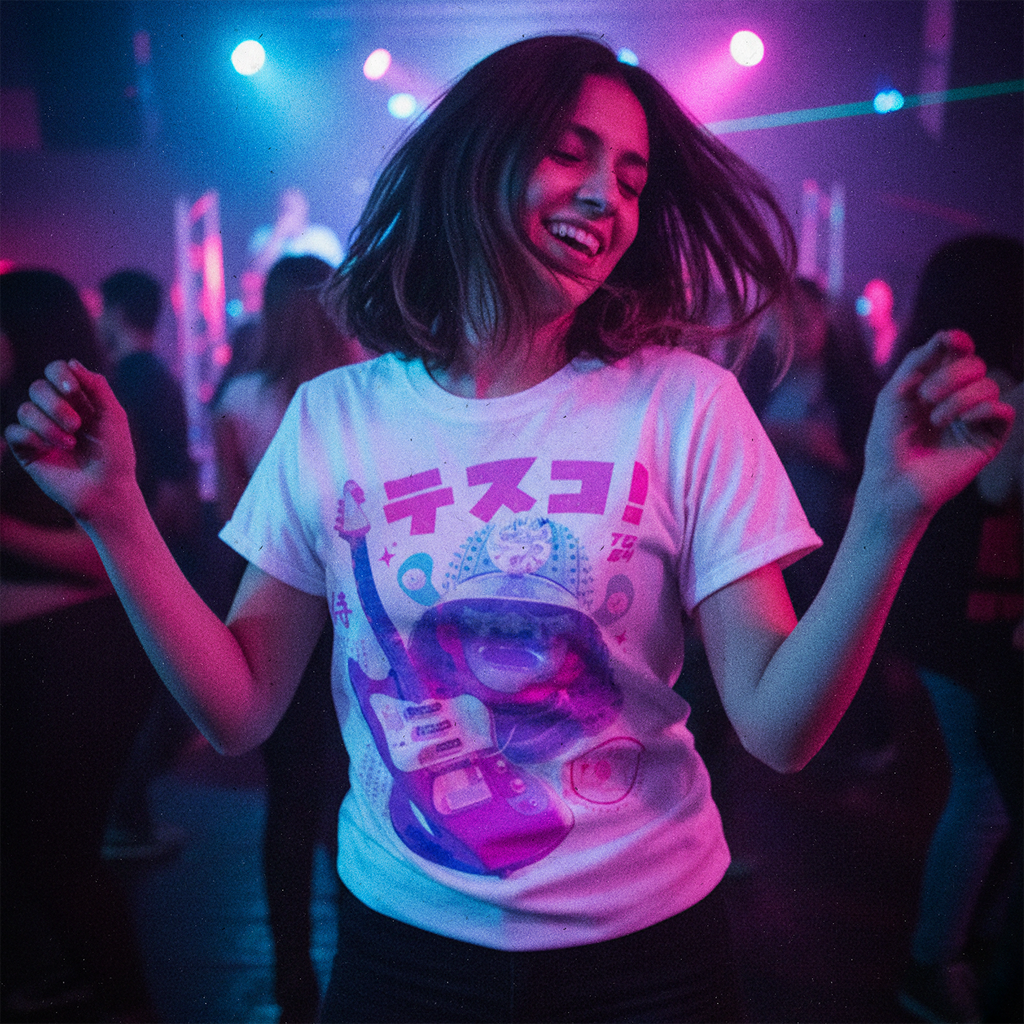 Mujer bailando en la disco con Polera Teisco TG64 exclusiva de Ritmoculto