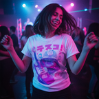 Mujer bailando en la disco con Polera Teisco TG64 exclusiva de Ritmoculto