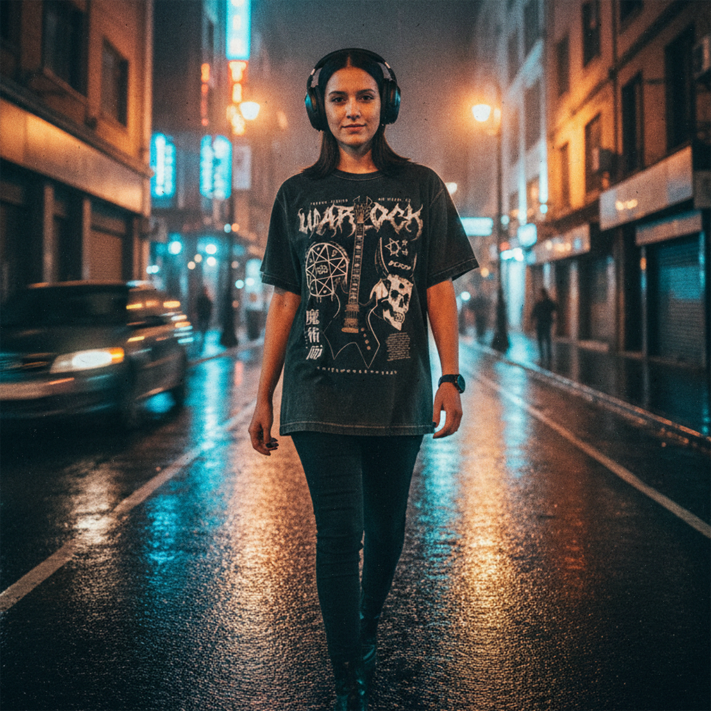 Mujer ocupando audifonos y Polera Acid Wash Negra Warlock BC Rich Exclusiva Ritmoculto