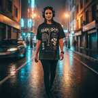 Mujer ocupando audifonos y Polera Acid Wash Negra Warlock BC Rich Exclusiva Ritmoculto