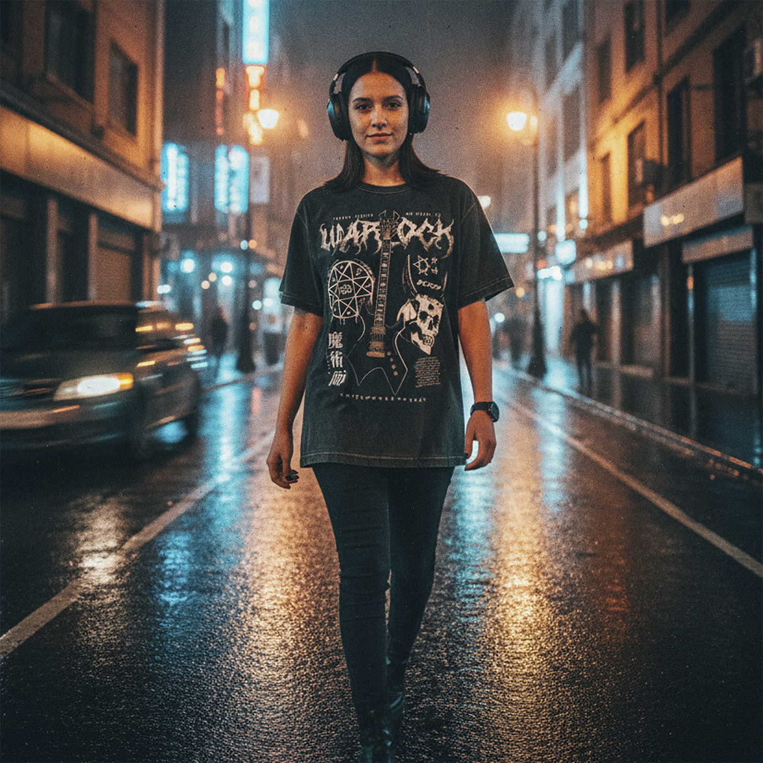 Mujer ocupando audifonos y Polera Acid Wash Negra Warlock BC Rich Exclusiva Ritmoculto