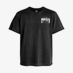 Polera Acid Wash Negra con estampado de bolsillo que tiene un controlador midi y dice la frase "Sound Architect" polera exclusiva ideal para productores musicales