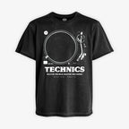 Polera Acid de color negro gastado. Diseño frontal con dibujo técnico de la tornamesa Technics