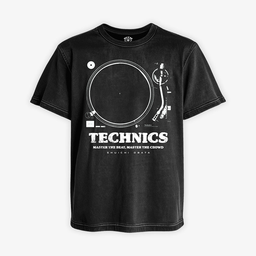 Polera Acid de color negro gastado. Diseño frontal con dibujo técnico de la tornamesa Technics
