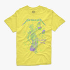 Polera Amarilla Metallica And Justice for All Dama de la Justicia thrash metal portada icónica Colores Psicodelicos Ritmoculto