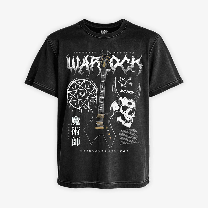 Polera BC Rich Warlock Acid Wash Negra para amantes del rock metal con calavera y pentagrama instrumento iconico Kerry King exclusivo Ritmoculto