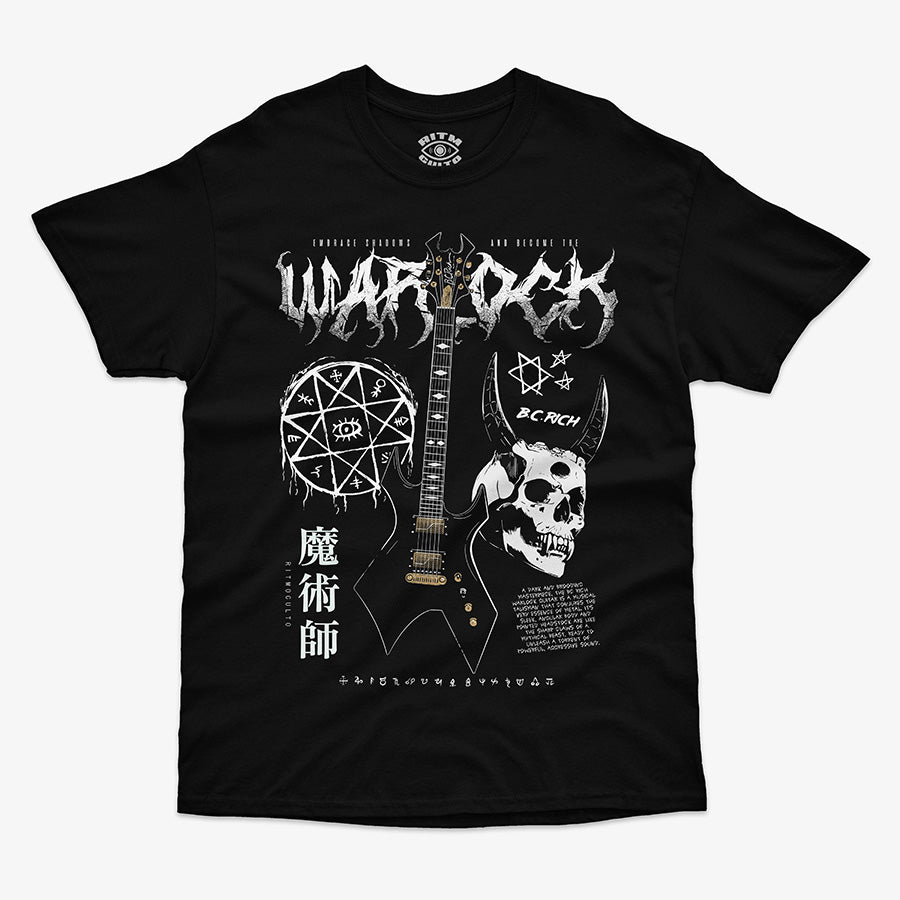 Polera BC Rich Warlock Negra para amantes del rock metal con calavera y pentagrama instrumento iconico Kerry King exclusivo Ritmoculto
