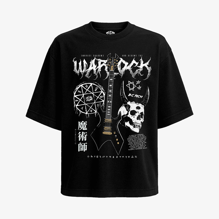 Polera BC Rich Warlock oversized Negra para amantes del rock metal con calavera y pentagrama instrumento iconico Kerry King exclusivo Ritmoculto