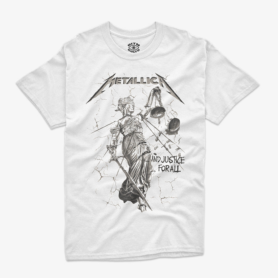 Polera Blanca Metallica And Justice for All Dama de la Justicia thrash metal portada icónica Ritmoculto