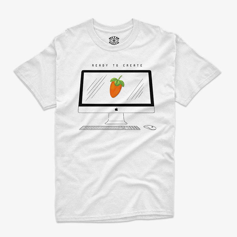 Polera Blanca Ready To Create FL Studio Mac para productores que muestra un MAC con fl studio exclusivo de Ritmoculto