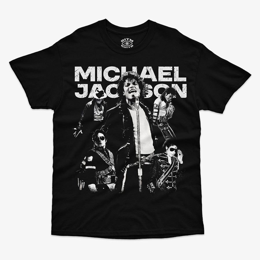 Polera Clásica Negra con diseno de Michael Jackson Icons Muestra un collage en blanco y negro con una gran foto central de Michael cantando en el escenario y cuatro imagenes mas pequenas de el con diferentes vestuarios iconicos