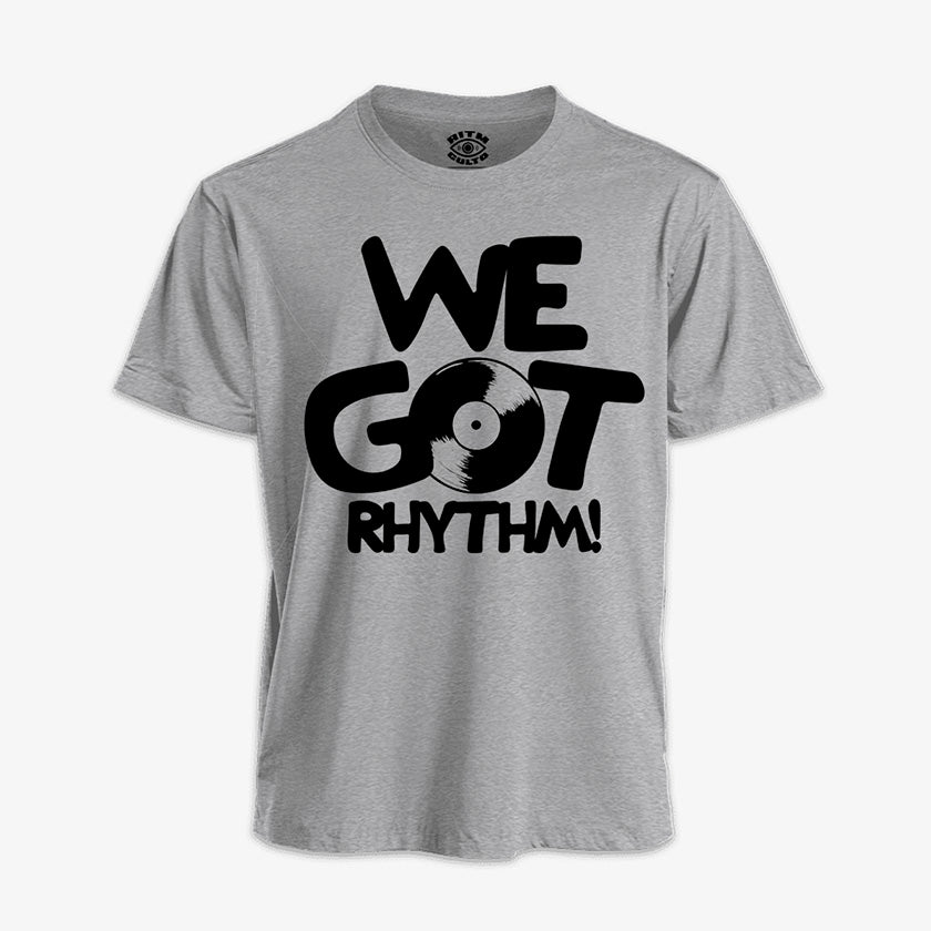 Polera Gris Jaspeado We Got Rhythm para Djs, Melomanos y coleccionistas de Vinilo exclusiva de ritmoculto 