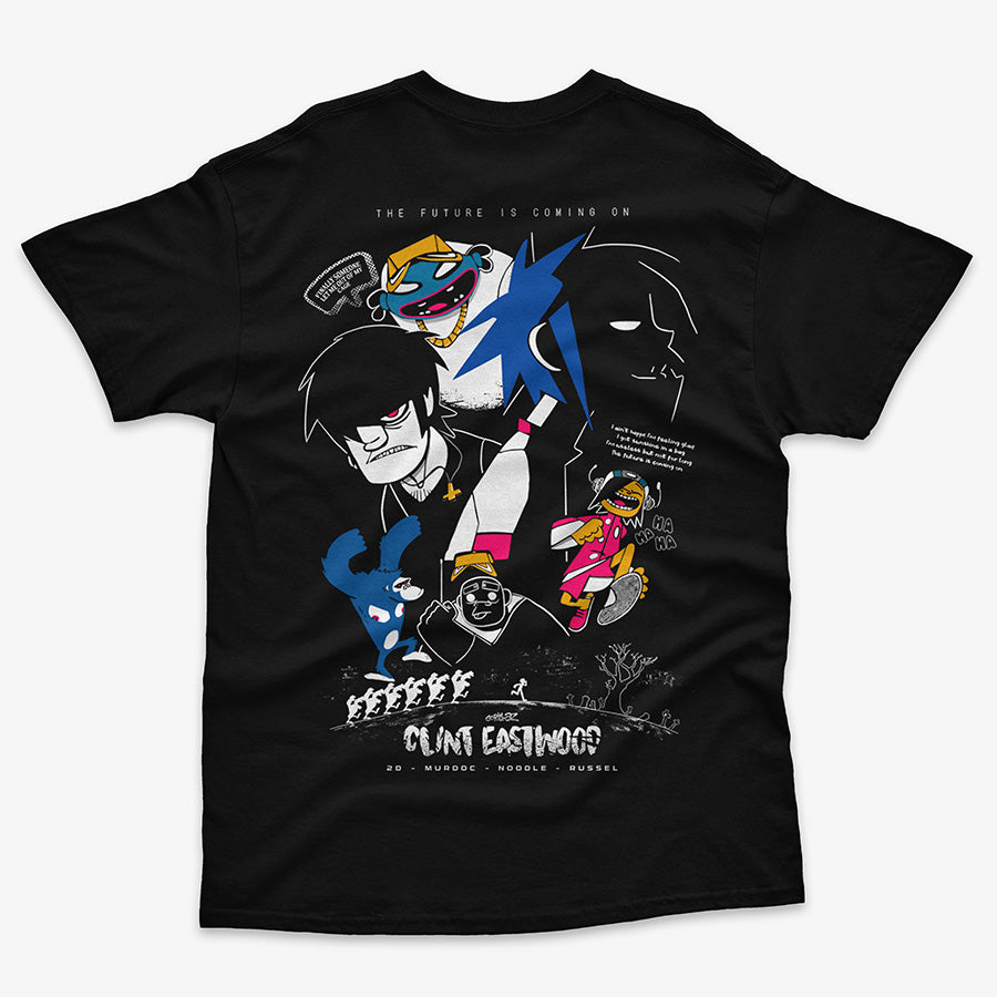 Polera Negra Estampada en la espalda de Gorillaz en el videoclip Clint Eastwood con 2d, Murdoc, Noodle y Russel peleando y escapando de gorilas zombies