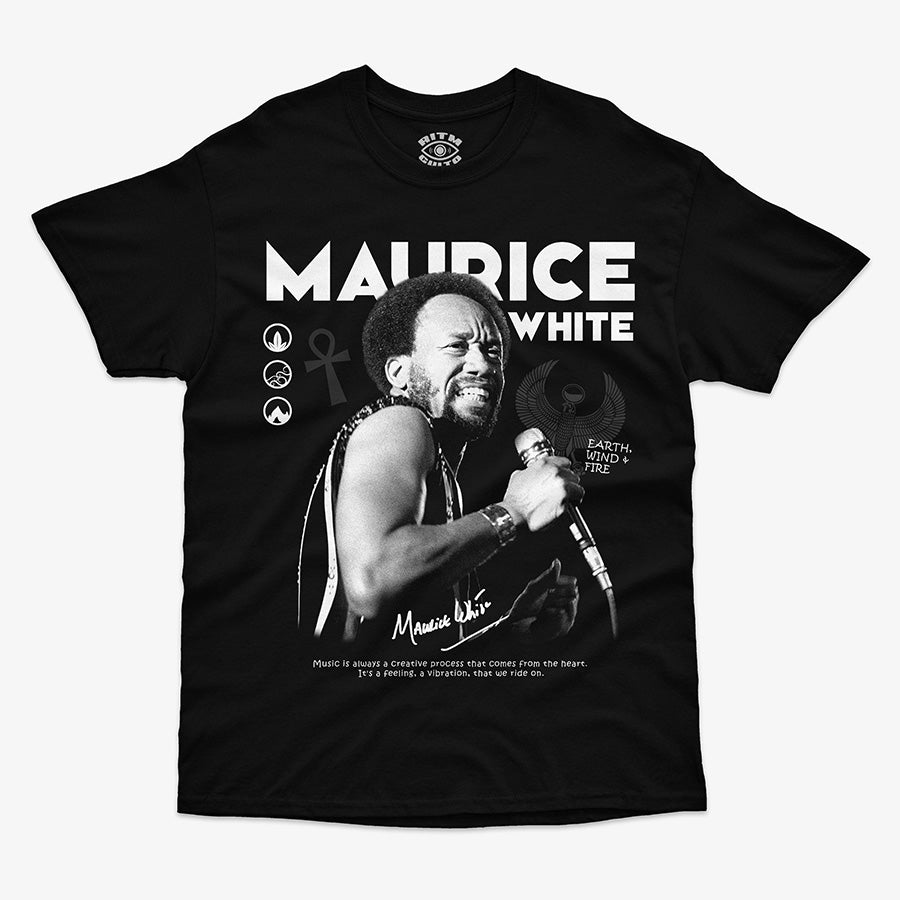 Polera Negra Maurice White exclusiva de Ritmoculto que muestra los elementos,su firma y su frase iconica de la musica