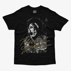 Polera negra clasica Michael Jackson con gráfica de concierto y firma dorada  Edicion Biopic 2026