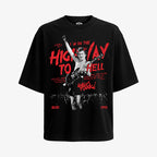 Polera Oversized negra Angus Young AC/DC Highway to Hell tocando Gibson SG mano en alto diseno vintage Ritmoculto