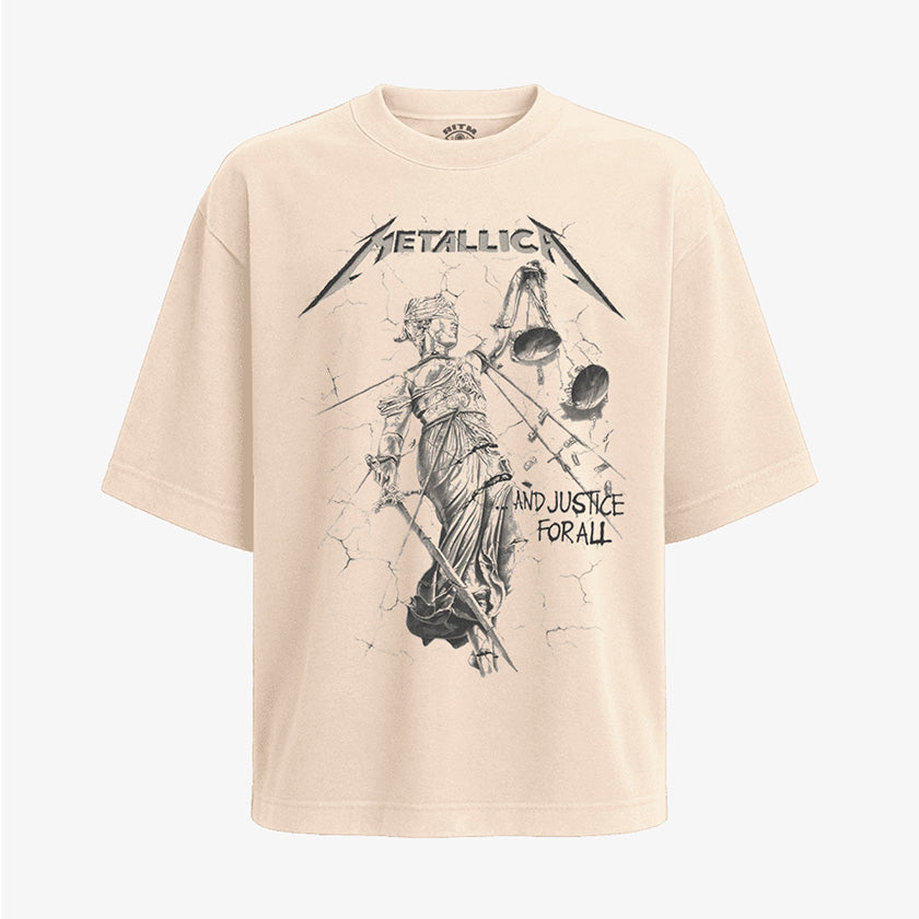 Polera arena oversized Metallica And Justice for All Dama de la Justicia thrash metal portada icónica Ritmoculto