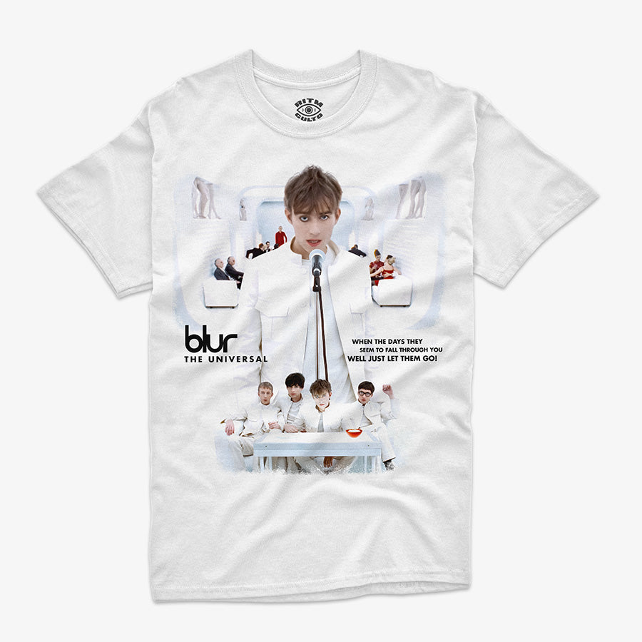 Polera blanca Blur The Universal videoclip futurista Damon Albarn britpop 90s aesthetic sci-fi Ritmoculto