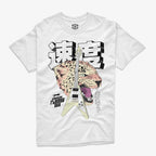 Polera blanca con diseño central de una guitarra Gibson Flying V blanca con sombreado gris, en formato clásico