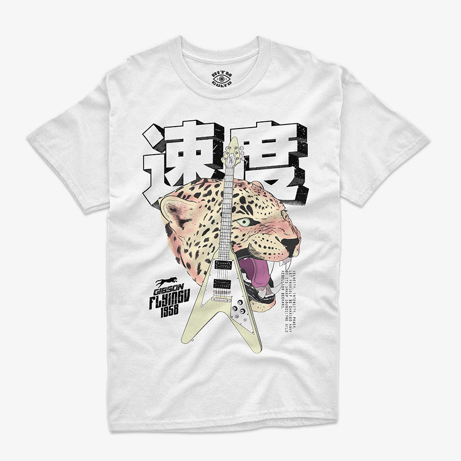 Polera blanca con diseño central de una guitarra Gibson Flying V blanca con sombreado gris, en formato clásico