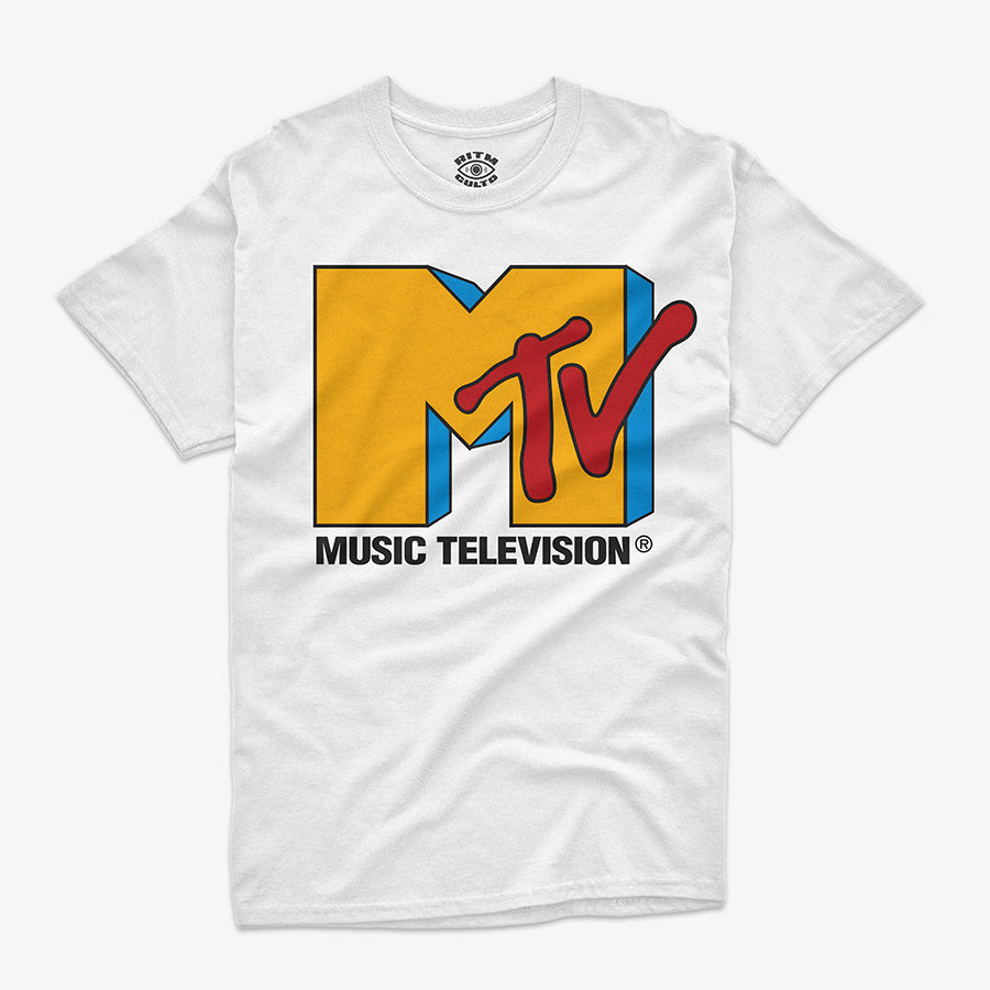 Polera blanca logo MTV clásico amarillo naranja rojo azul Music Television 3D icónico Ritmoculto