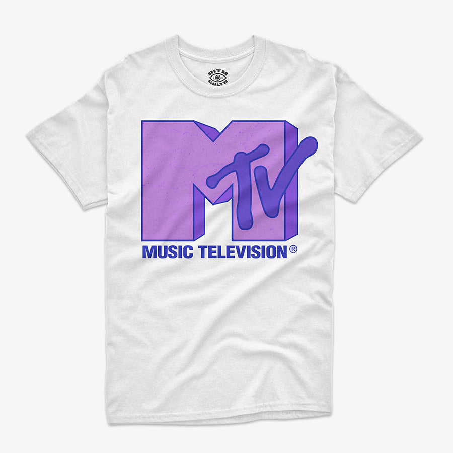  Polera blanca logo MTV morado púrpura Music Television 3D retro años 90 Ritmoculto