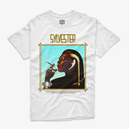 Polera blanca portada álbum Do Ya Wanna Funk Sylvester ilustración art déco perfil lentes futuristas trenza dorada marco dorado turquesa disco hi-NRG Ritmoculto