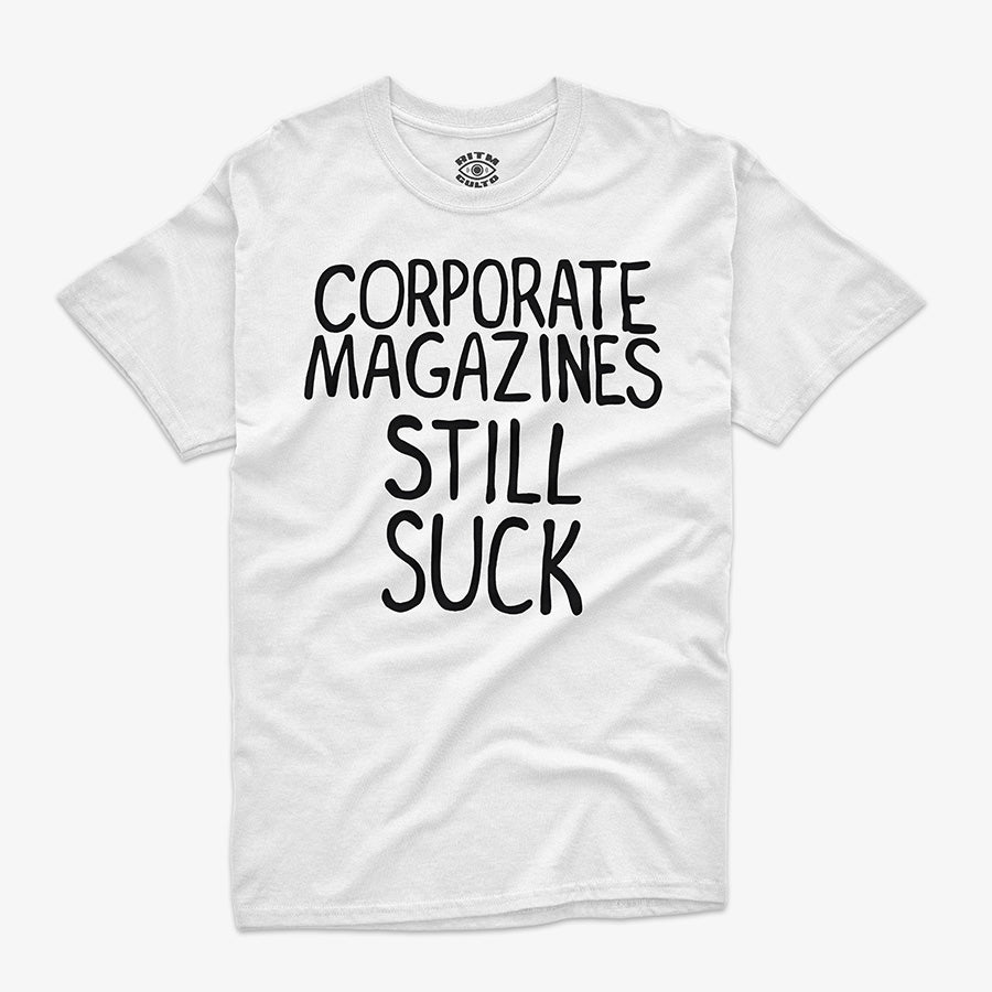 Polera blanca texto Corporate Magazines Still Suck Kurt Cobain Rolling Stone 1992 grunge Ritmoculto