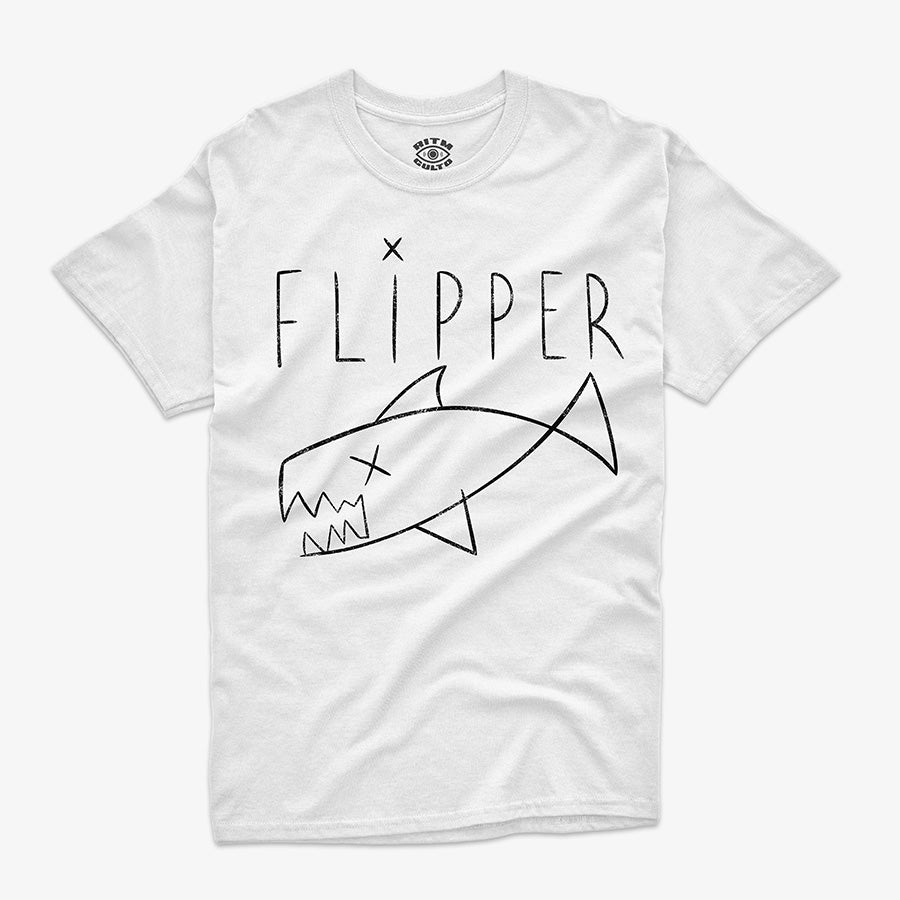 Polera blanca tiburón muerto Flipper Kurt Cobain texto dibujado a mano estilo grunge Nirvana In Utero Ritmoculto