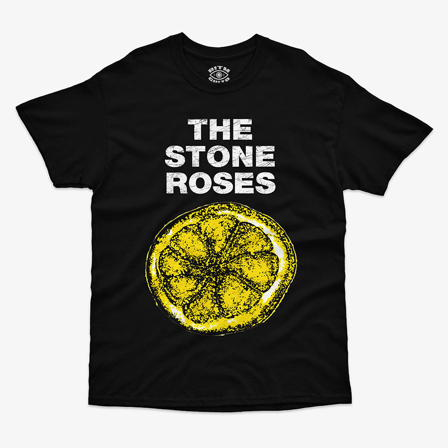Polera clasica negra con diseno frontal de The Stone Roses, limon iconico y nombre de la banda