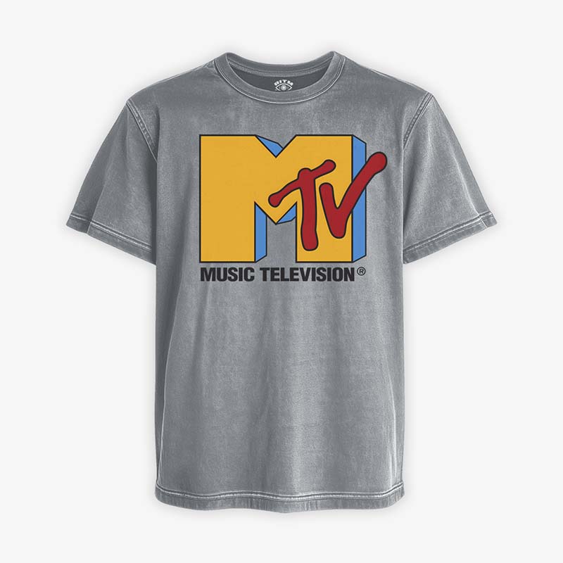 Polera gris acid wash logo MTV clásico amarillo rojo Music Television vintage desgastado Ritmoculto