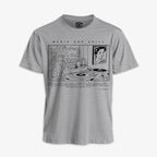 Polera gris diseno Music And Chill ambiente lofi japones con tocadiscos vinilo plantas decoracion y cuadro mujer mirando volcan Monte Fuji