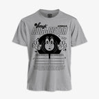 Polera gris jaspeado con diseno de personaje animado de vinilo asustado con guantes blancos, rodeado de colecciones de discos y texto "Vinyl Collector Ritmoculto"