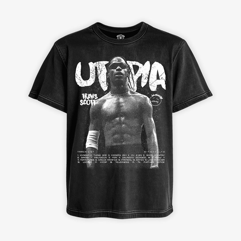  Polera negra Acid Wash Travis Scott Utopia tracklist completo pose estatua griega Cactus Jack Ritmoculto