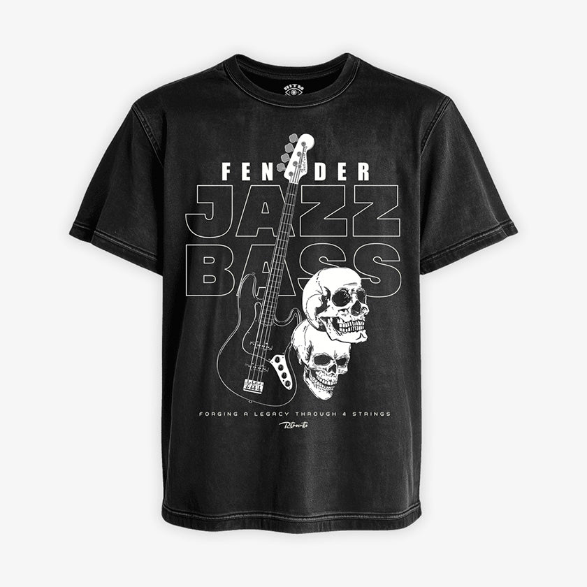 Polera negra Acid Wash con diseño central de un bajo Fender Jazz Bass, dos cráneos y el texto "Fender Jazz Bass" y "Forging a Legacy Through 4 Strings"