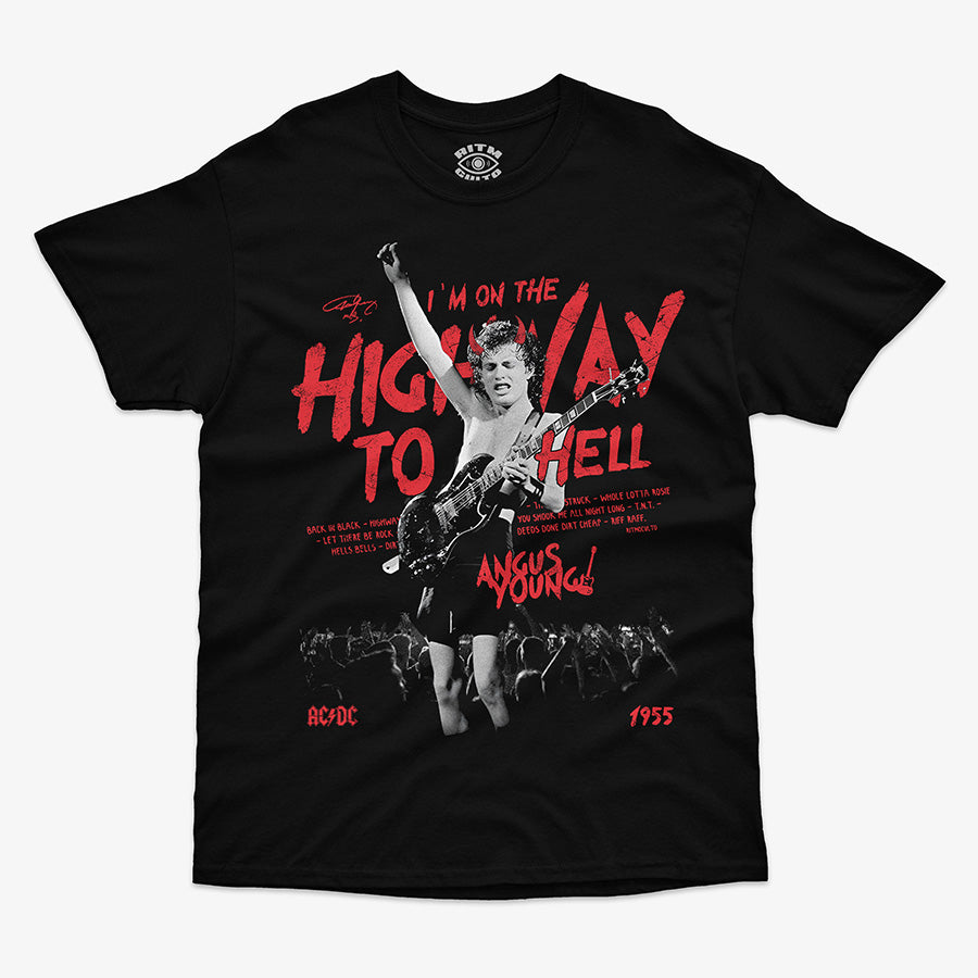 Polera negra Angus Young AC/DC Highway to Hell tocando Gibson SG mano en alto diseno vintage Ritmoculto