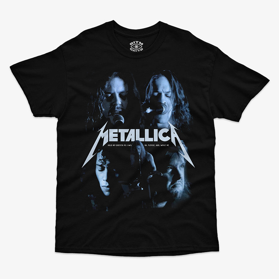 Polera negra Metallica One videoclip cuatro integrantes tonos azulados logo blanco thrash metal 1988 Ritmoculto