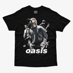Polera negra Oasis logo clásico britpop 90s Gallagher brothers efecto vintage Ritmoculto