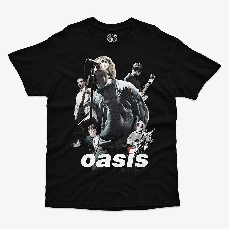 Polera negra Oasis logo clásico britpop 90s Gallagher brothers efecto vintage Ritmoculto