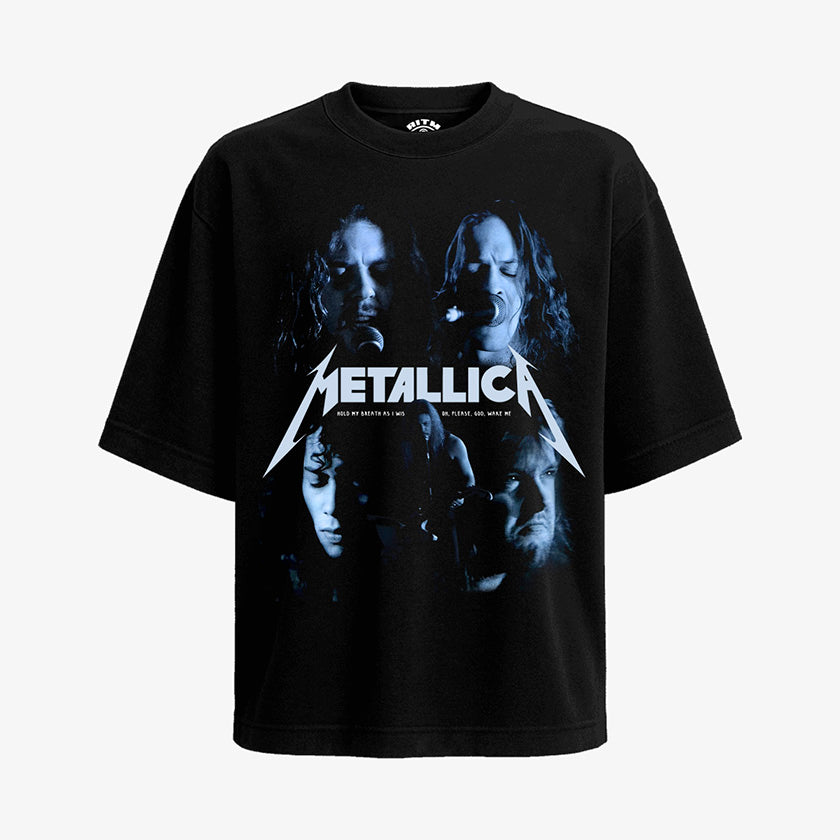 Polera negra Oversized Metallica One videoclip cuatro integrantes tonos azulados logo blanco thrash metal 1988 Ritmoculto
